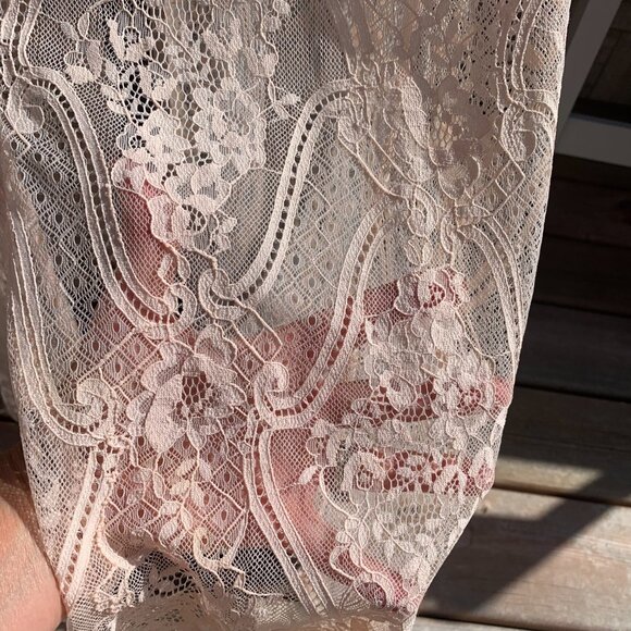 Vintage Hand Sewn Peach Sheer Lace Maxi Dress Long Gown - Picture 5 of 16